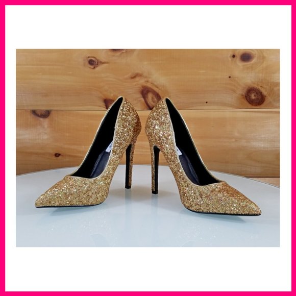 NWT Glitter Pointy Toe Stiletto Pumps Heels Gold - Picture 2 of 9